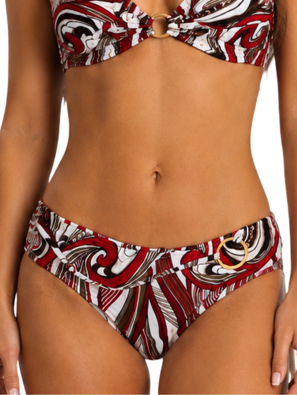 Tara Grinna Bikini Bottoms NWT Size 12 Red Swirl Print Gold Ring Made in USA